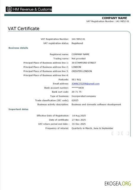 Modèle Word et PDF de certificat de TVA britannique